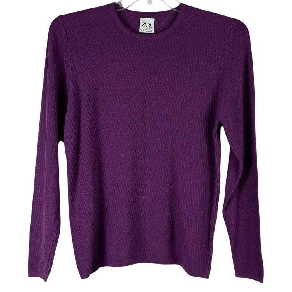 Zara Purple Crew Neck Textured Sweater Large